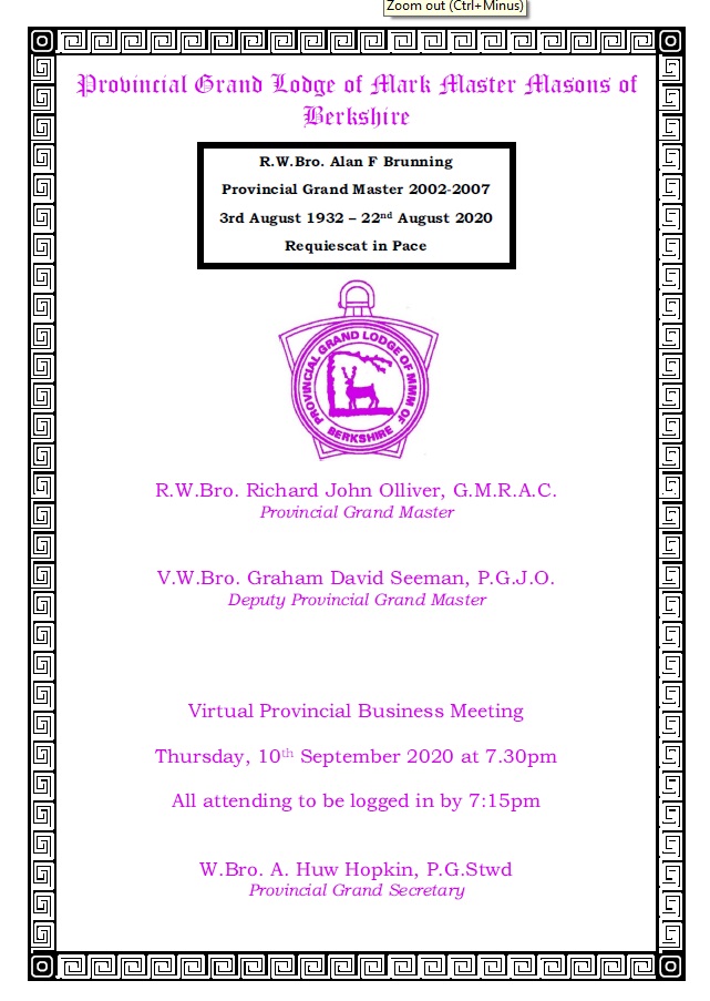 Provincial Grand Lodge of MMM of Berkshire – Order Paper – Thursday 10th September 2020
