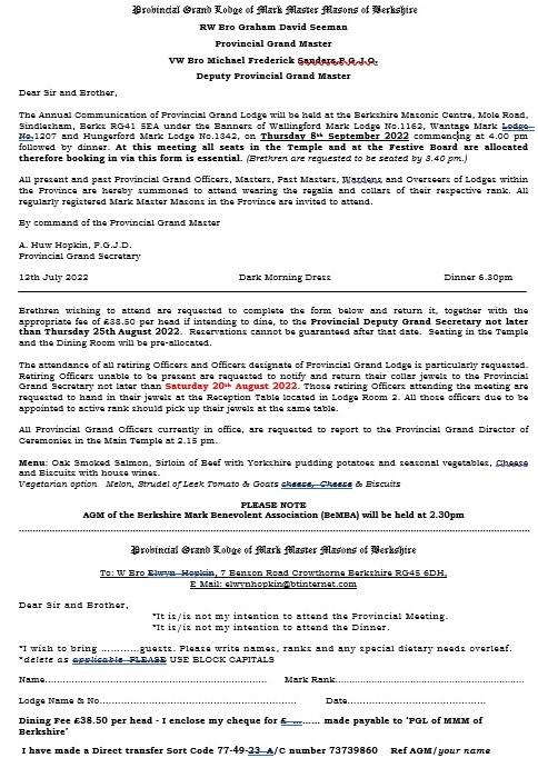Annual Meeting of Provincial Grand Lodge 2022 – Calling Notice